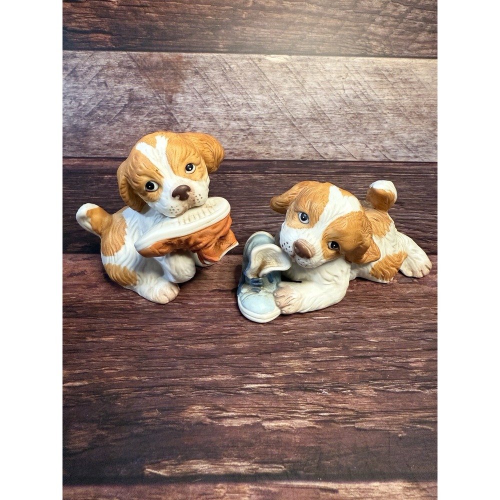 Homco Brown/White Puppies with Shoes Figurines - Set of 2